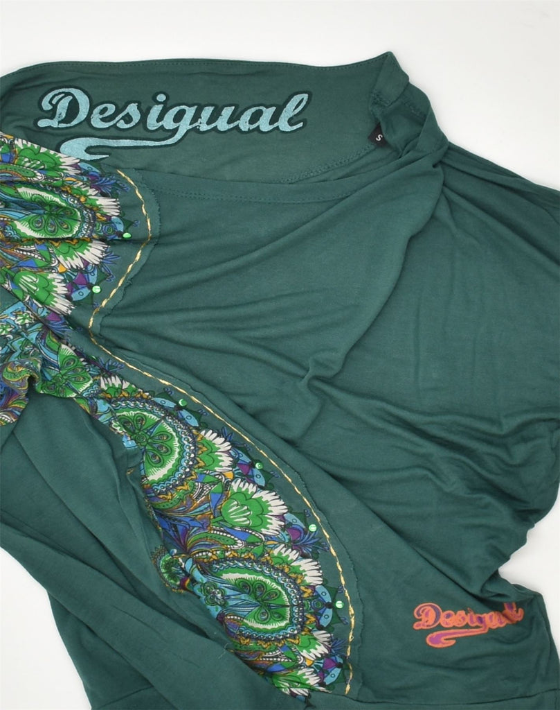 DESIGUAL Womens Graphic Top Long Sleeve UK 10 Small Green Floral | Vintage Desigual | Thrift | Second-Hand Desigual | Used Clothing | Messina Hembry 