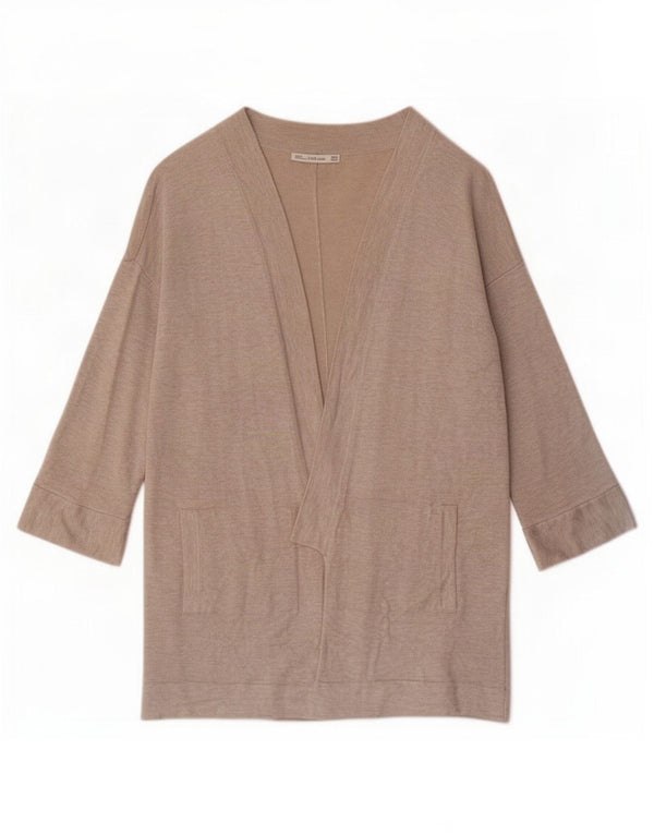 Zara Womens 3/4 Sleeve Open Cardigan Sweater UK 14 Medium Beige Viscose