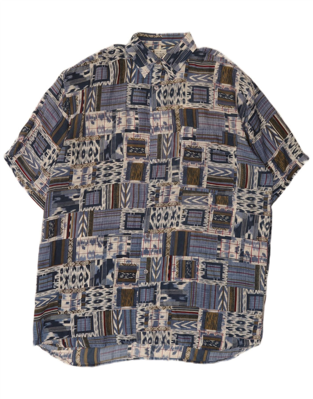 Vintage Mens Short Sleeve Shirt IT 48 Medium Blue Patchwork Silk