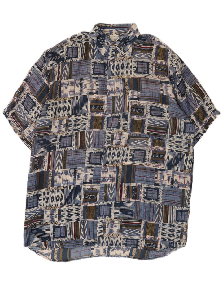 Vintage Mens Short Sleeve Shirt IT 48 Medium Blue Patchwork Silk