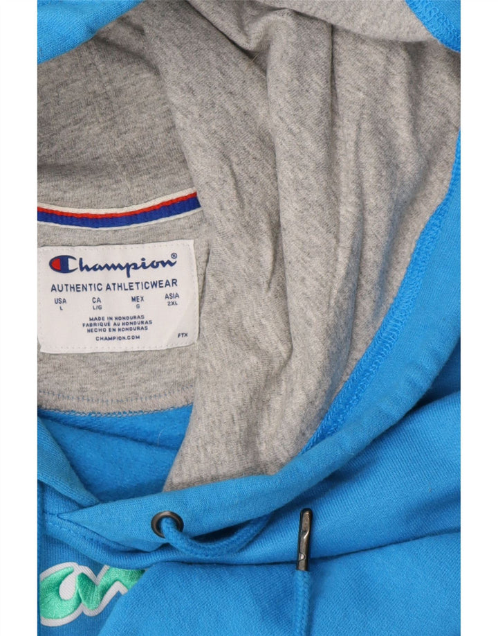 CHAMPION Mens Graphic Hoodie Jumper Large Blue Cotton Vintage Champion and Second-Hand Champion from Messina Hembry 