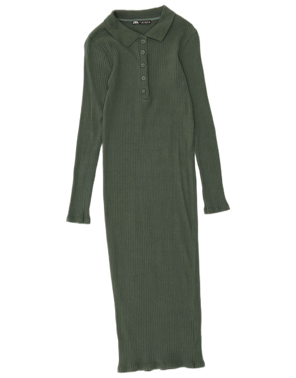 Zara Womens Maxi Long Sleeve Polo Dress UK 10 Small Green Cotton