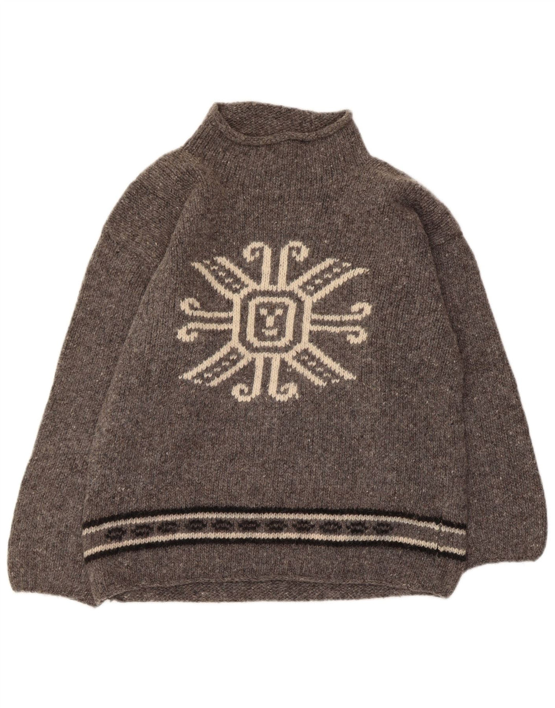 Vintage Womens Graphic Turtle Neck Jumper Sweater UK 12 Medium Grey Flecked