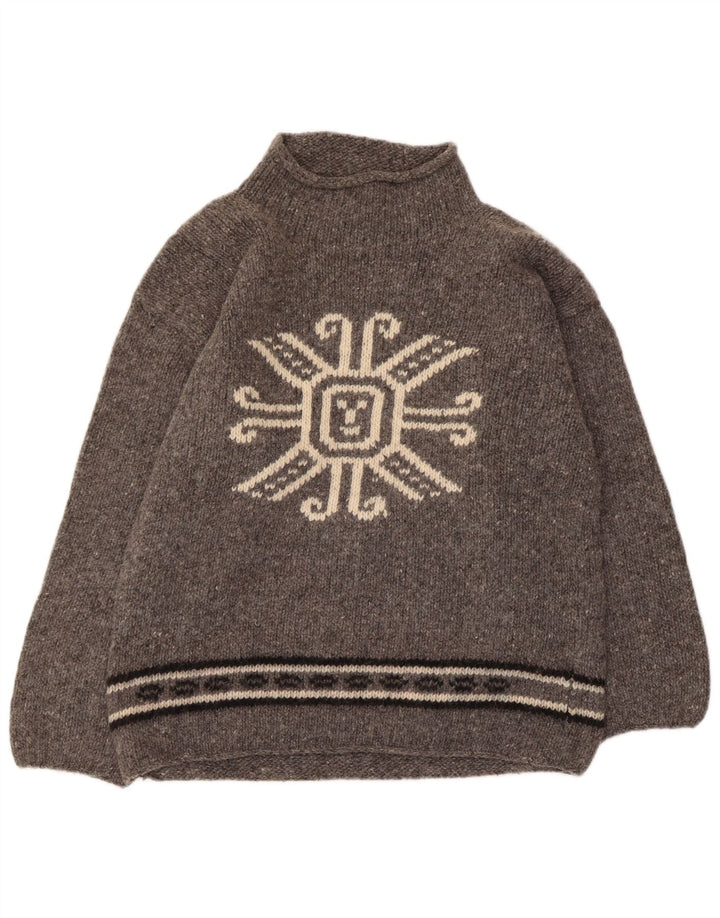 Vintage Womens Graphic Turtle Neck Jumper Sweater UK 12 Medium Grey Flecked