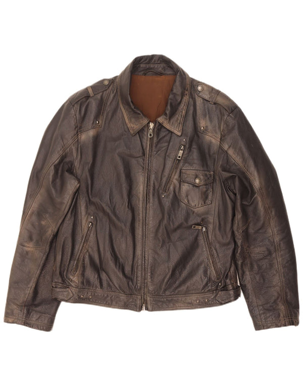 Vintage Mens Military Leather Jacket IT 56 3XL Brown