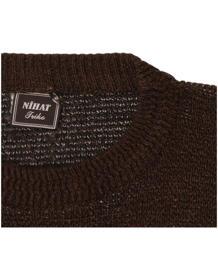 VINTAGE Mens Crew Neck Jumper Sweater XL Brown Colourblock Acrylic