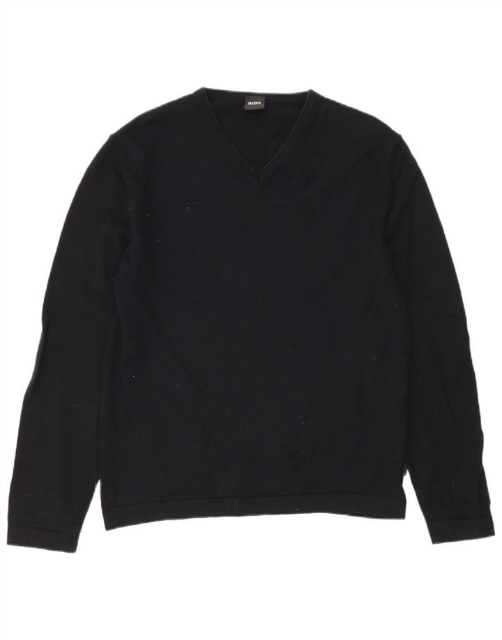 Hugo Boss Mens V-Neck Jumper Sweater Medium Black Virgin Wool