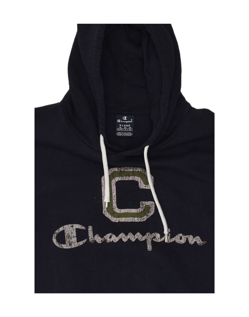 CHAMPION Mens Graphic Hoodie Jumper XL Navy Blue Cotton | Vintage Champion | Thrift | Second-Hand Champion | Used Clothing | Messina Hembry 