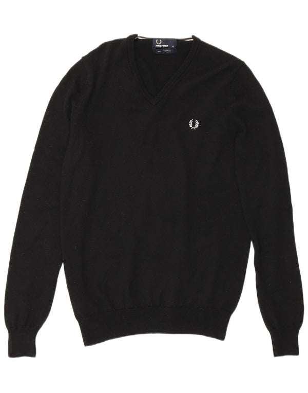 Fred Perry Mens V-Neck Jumper Sweater Medium Black Merino Wool