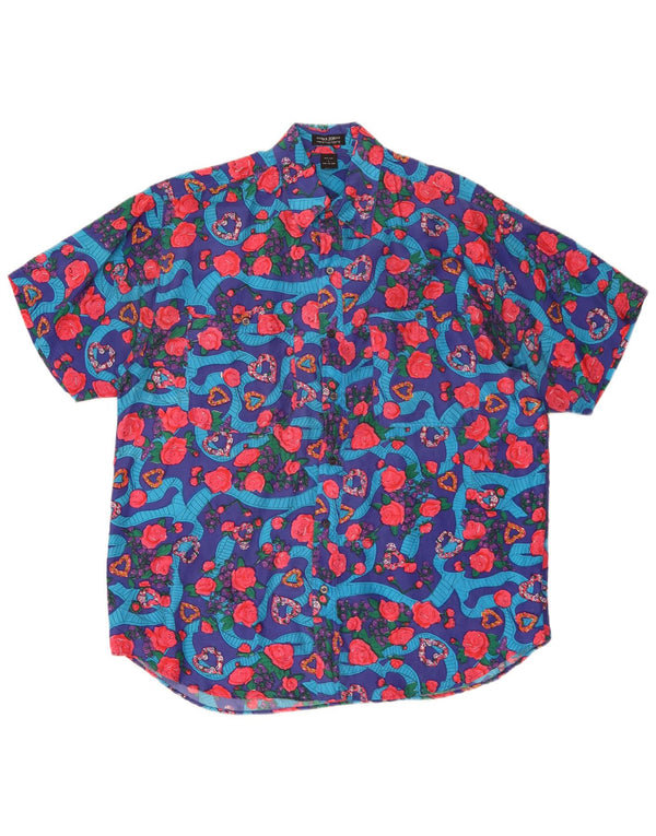 Van Zon Mens Short Sleeve Shirt Large Blue Floral Silk