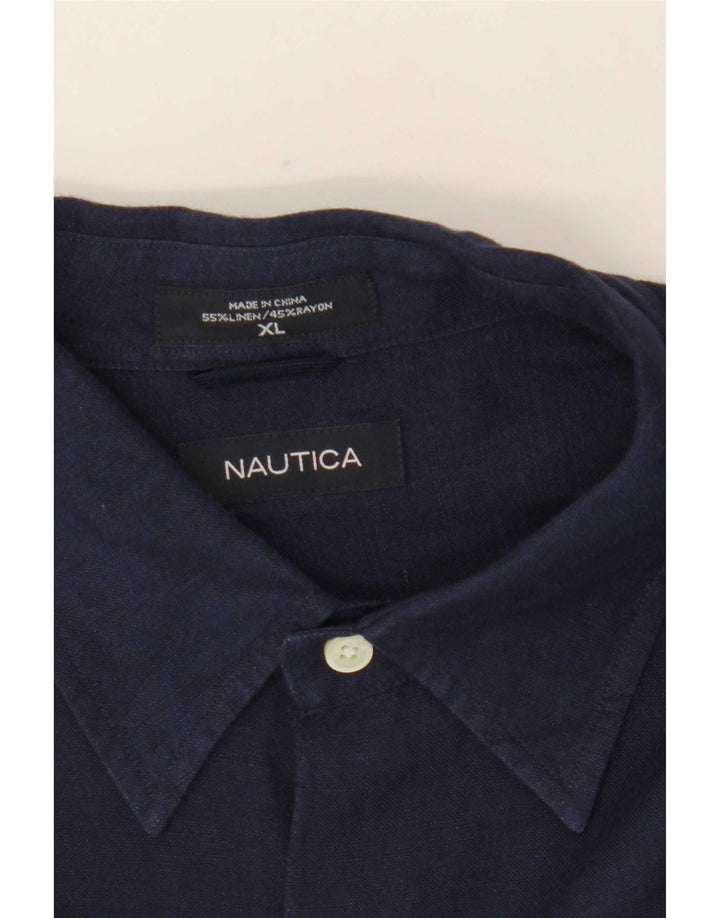 Nautica Mens Shirt XL Navy Blue Floral Linen