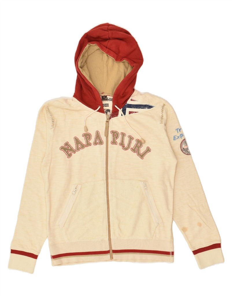 NAPAPIJRI Boys Graphic Zip Hoodie Sweater 13-14 Years Beige Cotton | Vintage Napapijri | Thrift | Second-Hand Napapijri | Used Clothing | Messina Hembry 