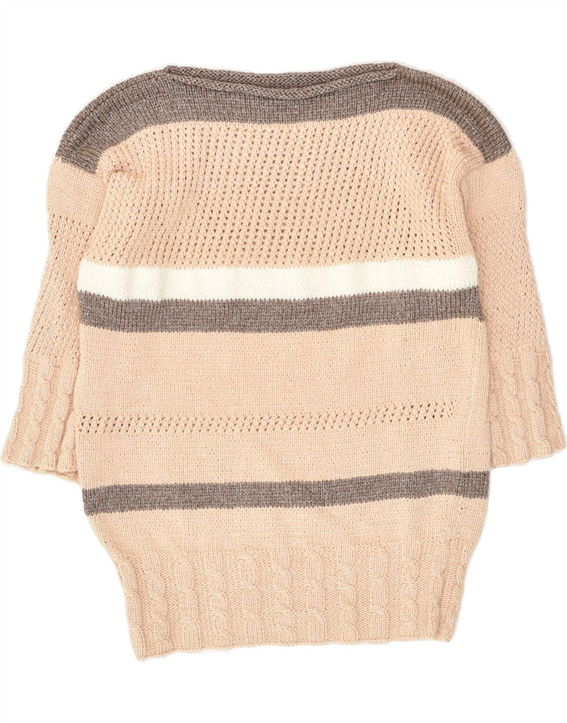 VINTAGE Womens 3/4 Sleeve Boat Neck Jumper Sweater UK 6 XS Beige Striped | Vintage Vintage | Thrift | Second-Hand Vintage | Used Clothing | Messina Hembry 