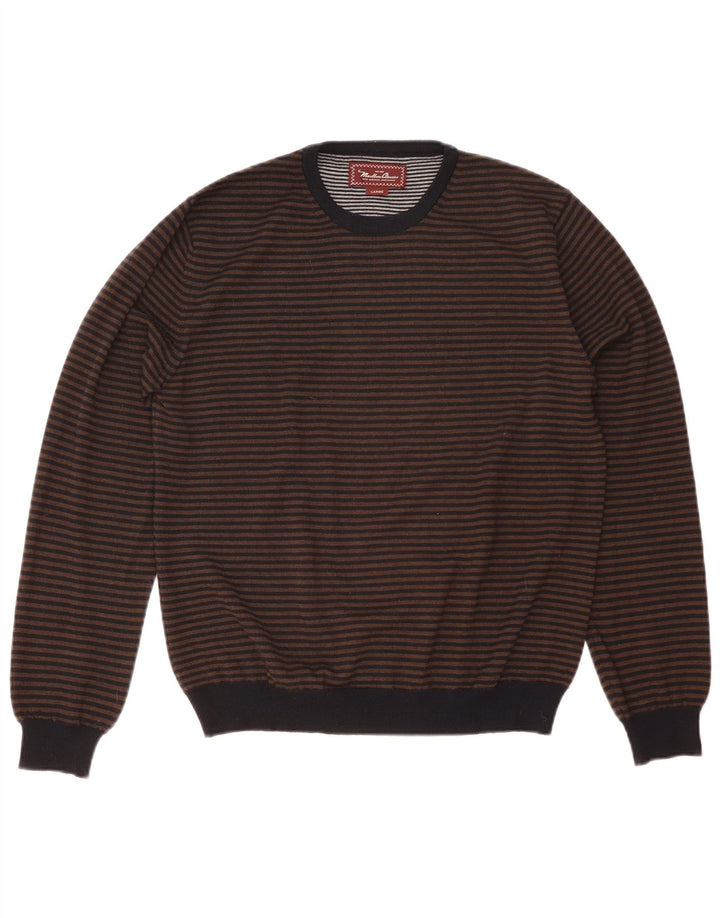 Marlboro Classics Mens Crew Neck Jumper Sweater Large Brown Pinstripe Wool