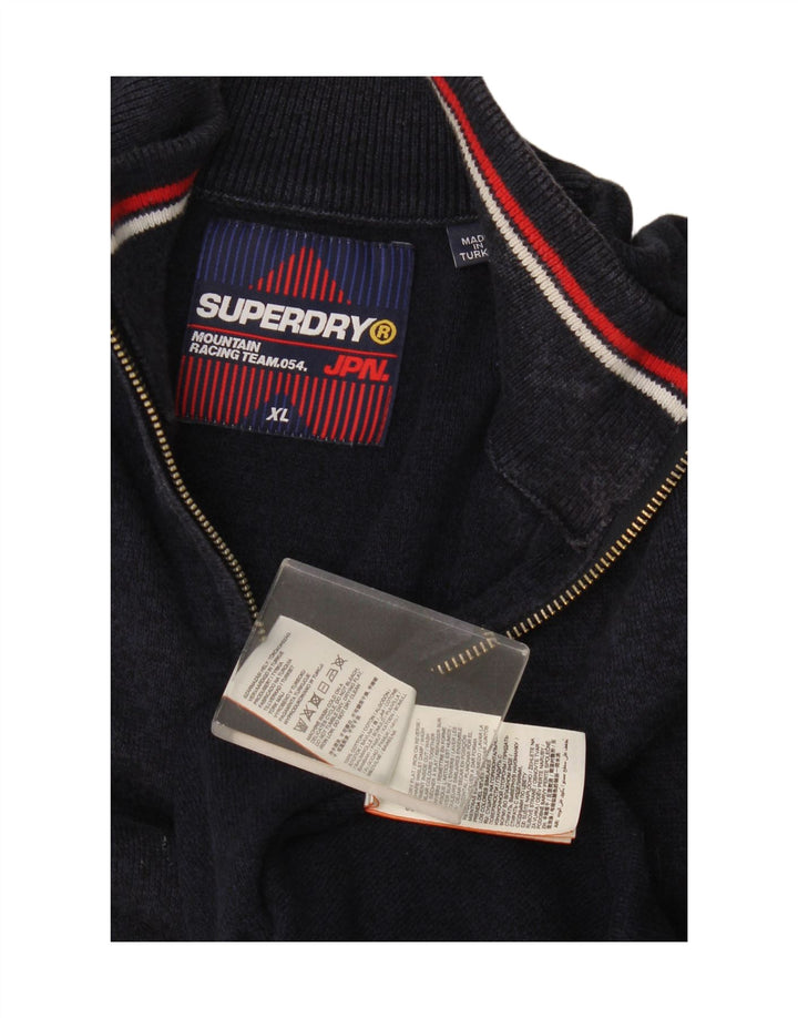 Superdry Mens Zip Neck Jumper Sweater XL Navy Blue Cotton