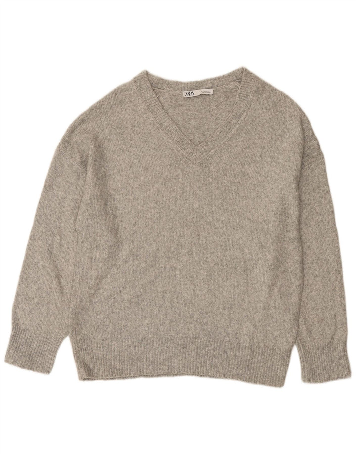 Zara Womens Oversized V-Neck Jumper Sweater UK 10 Small Grey Flecked