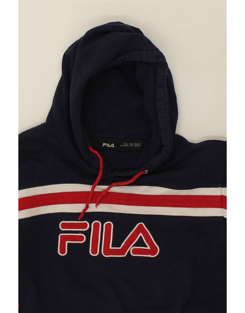 FILA Boys Graphic Hoodie Jumper 13-14 Years XL Navy Blue Colourblock | Vintage Fila | Thrift | Second-Hand Fila | Used Clothing | Messina Hembry 