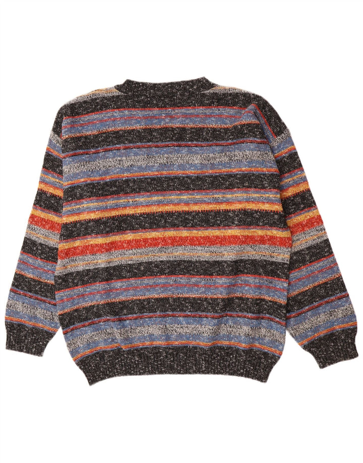 Vintage Mens V-Neck Jumper Sweater Large Multicoloured Striped Acrylic