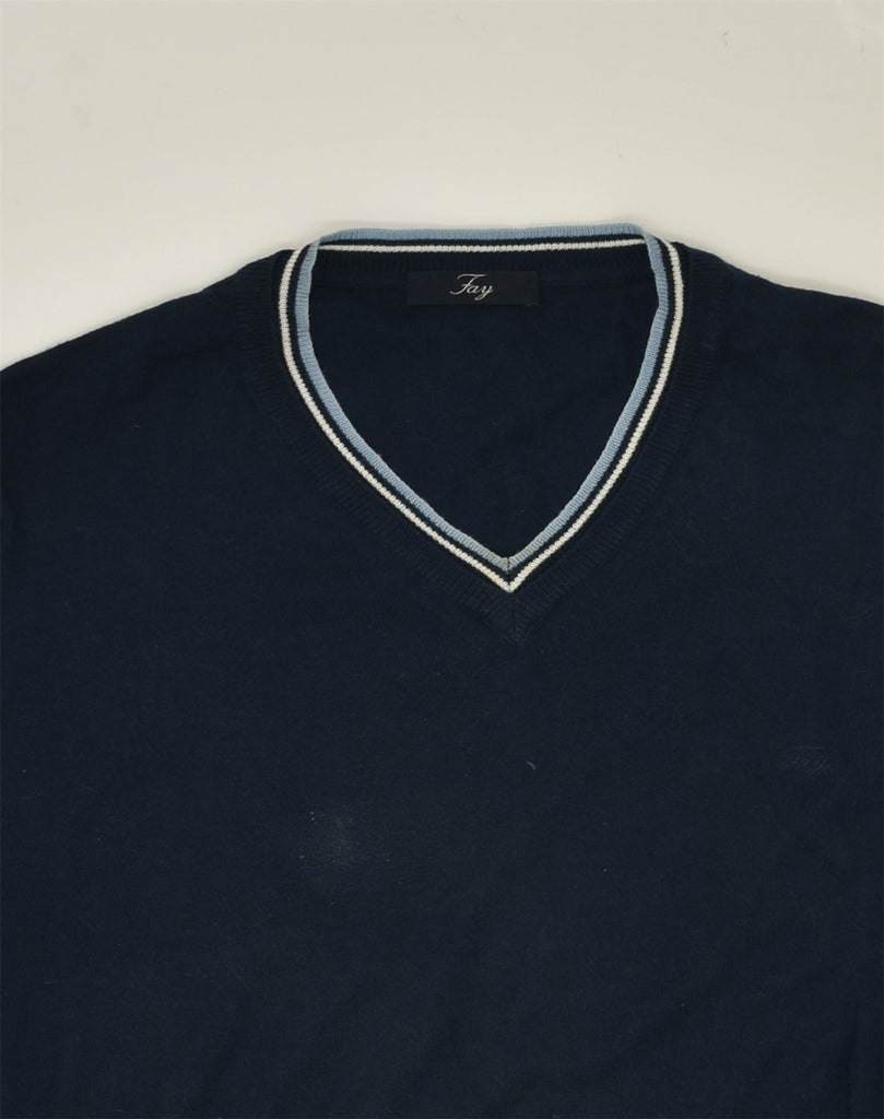 FAY Mens V-Neck Jumper Sweater IT 46 Small Navy Blue Cotton | Vintage Fay | Thrift | Second-Hand Fay | Used Clothing | Messina Hembry 