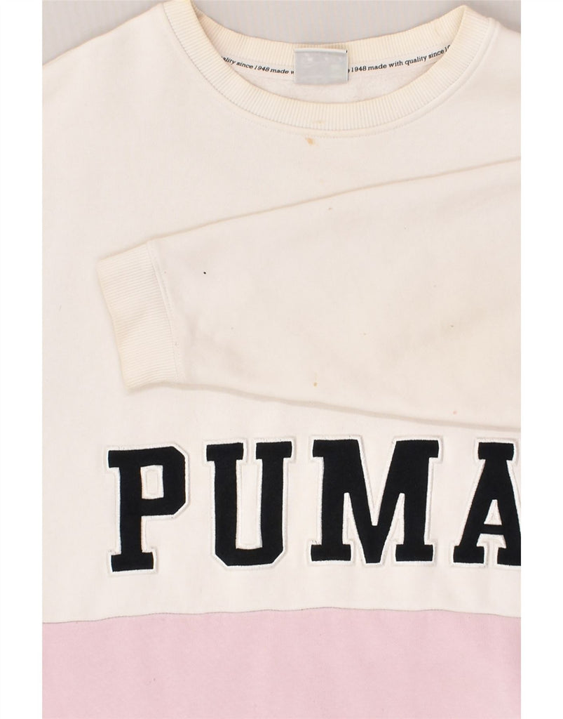 PUMA Womens Graphic Sweatshirt Jumper UK 10 Small White Colourblock Cotton | Vintage Puma | Thrift | Second-Hand Puma | Used Clothing | Messina Hembry 