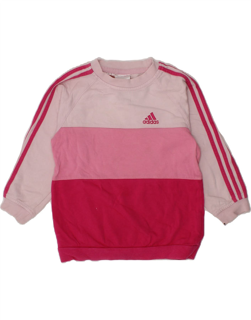 ADIDAS Girls Graphic Sweatshirt Jumper 2-3 Years Pink Colourblock Cotton Vintage Adidas and Second-Hand Adidas from Messina Hembry 