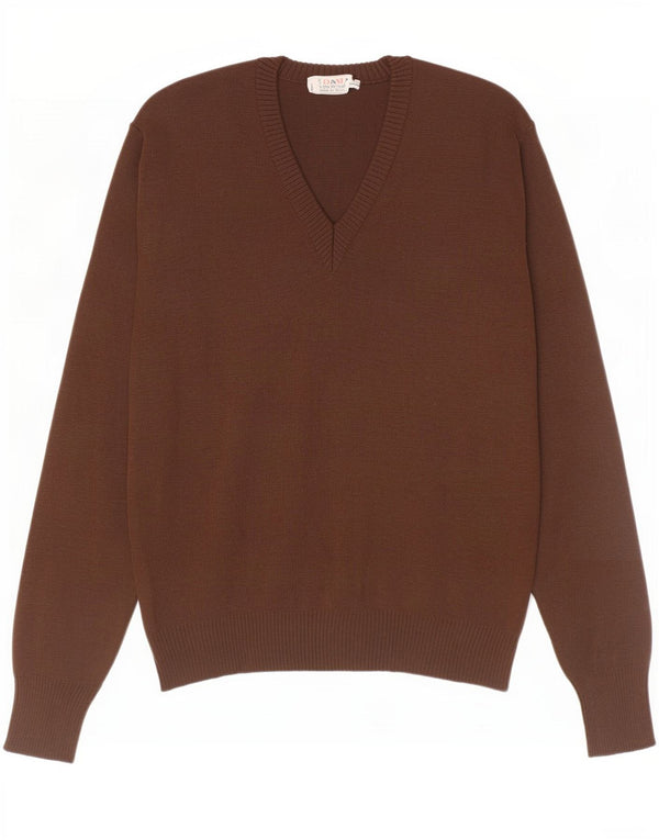 Vintage Womens V-Neck Jumper Sweater UK 14 Medium Brown Wool