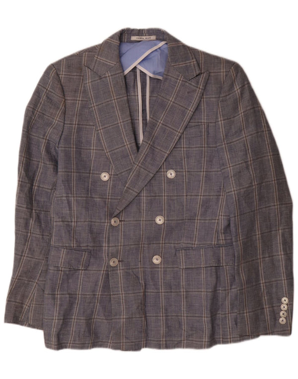 Zara Mens Double Breasted Blazer Jacket EU 48 Medium Navy Blue Check Cotton