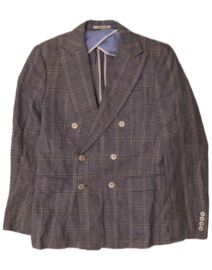 Zara Mens Double Breasted Blazer Jacket EU 48 Medium Navy Blue Check Cotton