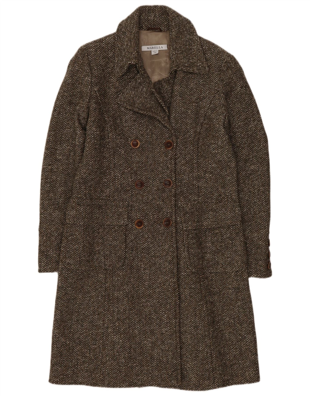 Marella Womens Double Breasted Coat UK 12 Medium Brown Herringbone Wool