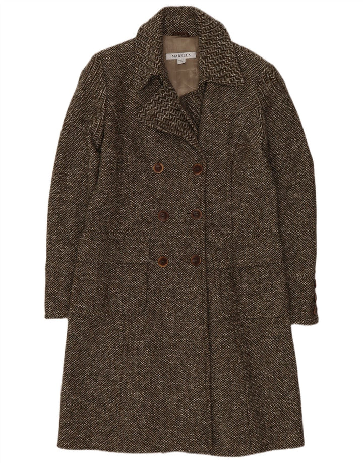 Marella Womens Double Breasted Coat UK 12 Medium Brown Herringbone Wool