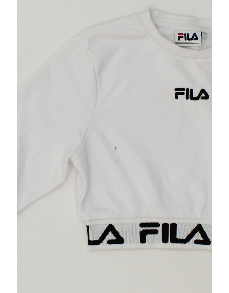 FILA Girls Graphic Sweatshirt Jumper 5-6 Years 2XS White Cotton Vintage Fila and Second-Hand Fila from Messina Hembry 