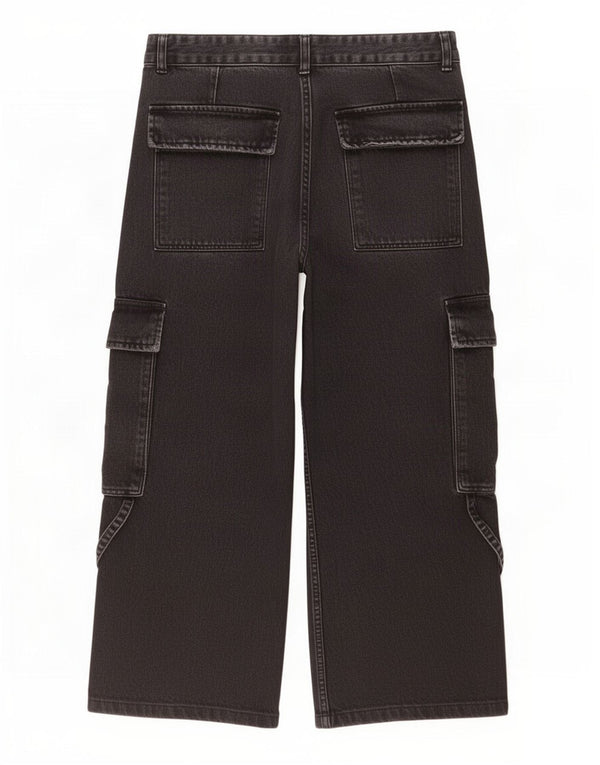 Zara Womens Crop Cargo Wide Leg Jeans EU 42 Large W32 L25 Black Cotton