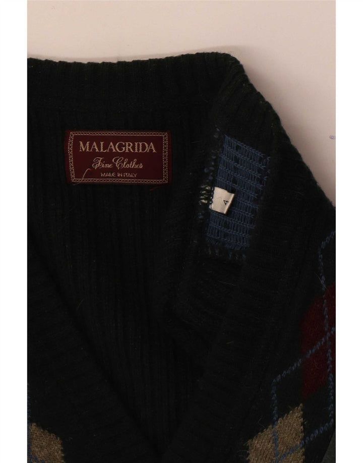 Malagrida Mens V-Neck Jumper Sweater Large Green Argyle/Diamond