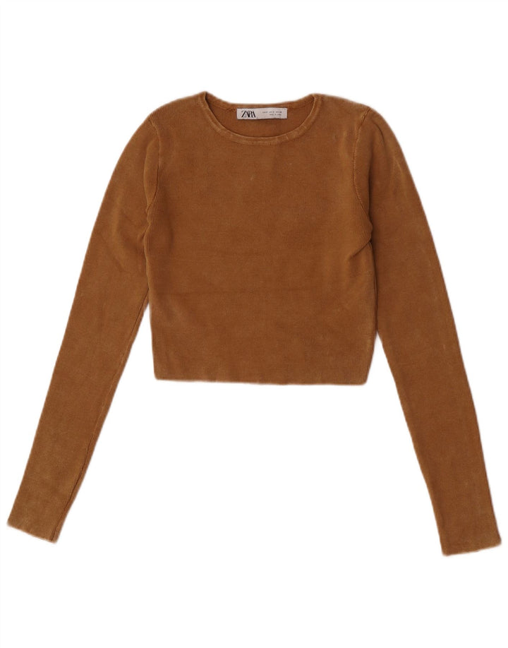 Zara Womens Crop Top Long Sleeve UK 8 Small Beige Cotton