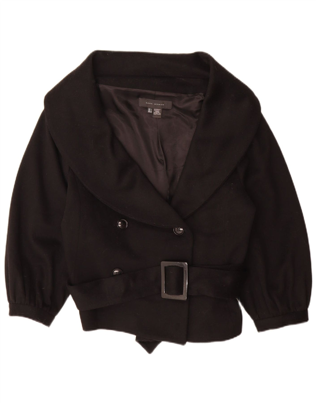 Zara Womens 3/4 Sleeve Double Breasted Jacket UK 16 Large Black Wool