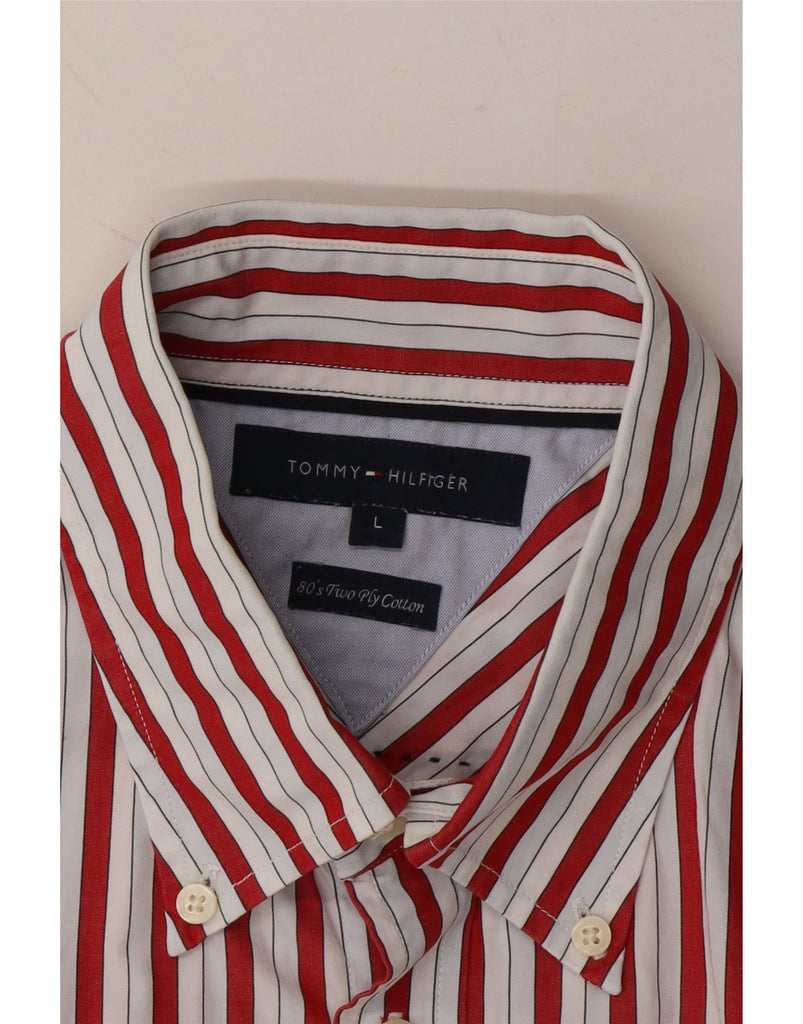 TOMMY HILFIGER Mens Short Sleeve Shirt Large Red Striped Cotton Vintage Tommy Hilfiger and Second-Hand Tommy Hilfiger from Messina Hembry 