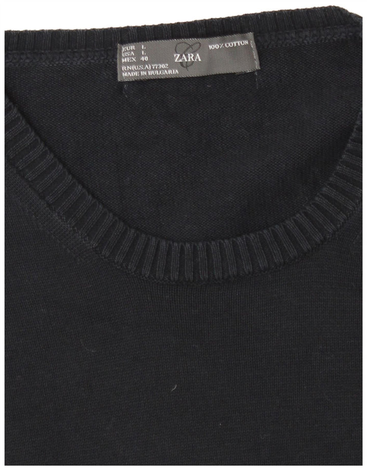 Zara Mens Crew Neck Jumper Sweater Large Navy Blue Cotton