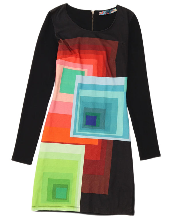 Desigual Womens Long Sleeve Sheath Dress UK 6 XS Black Geometric Cotton