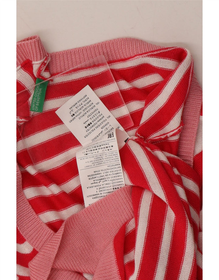 BENETTON Womens V-Neck Jumper Sweater UK 12 Medium Red Striped Viscose Vintage Benetton and Second-Hand Benetton from Messina Hembry 