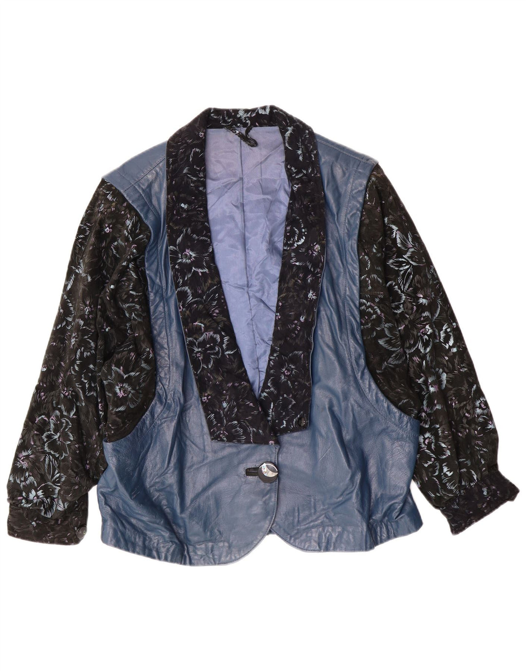 Vintage Womens Leather Jacket UK 14 Large Blue Floral Retro