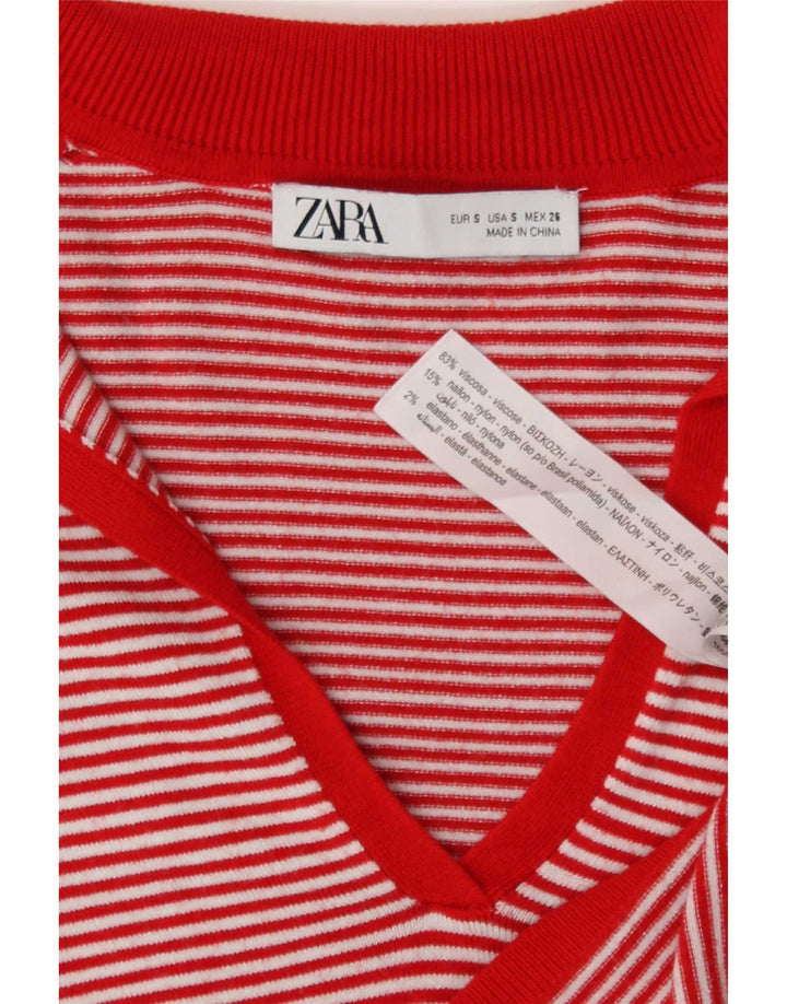 Zara Womens Polo Shirt UK 10 Small Red Striped Viscose