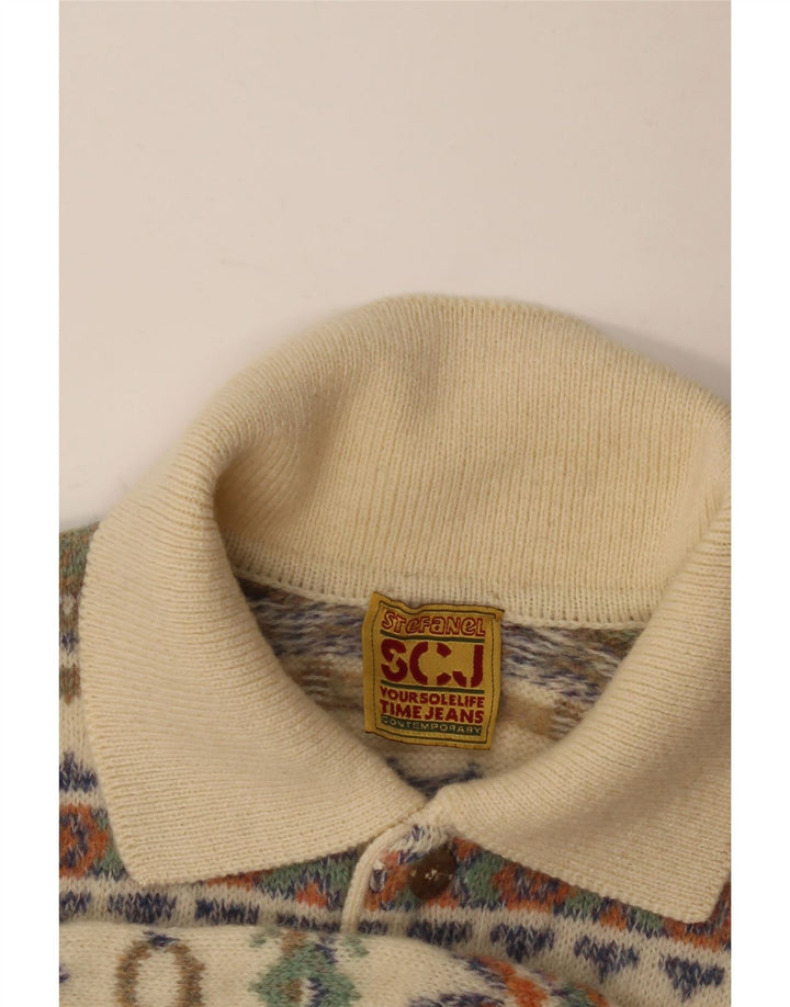 STEFANEL Mens Polo Neck Jumper Sweater Medium Beige Fair Isle