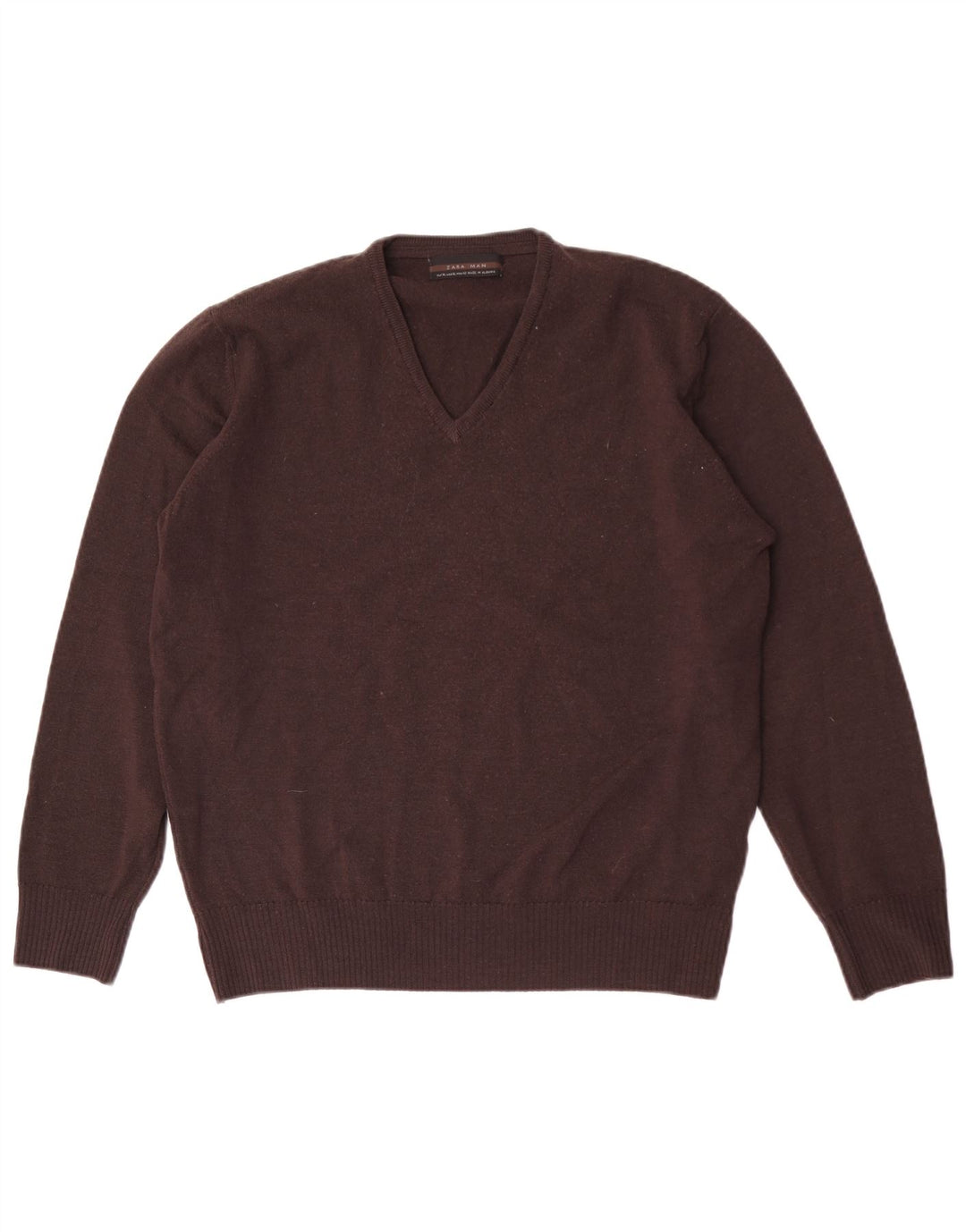 Zara Mens V-Neck Jumper Sweater XL Brown Wool