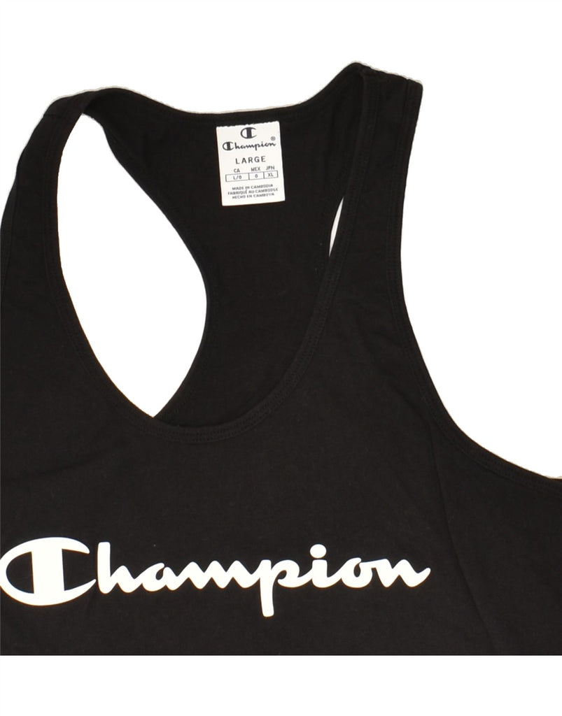 CHAMPION Womens Slim Graphic Vest Top UK 14 Large Black Vintage Champion and Second-Hand Champion from Messina Hembry 