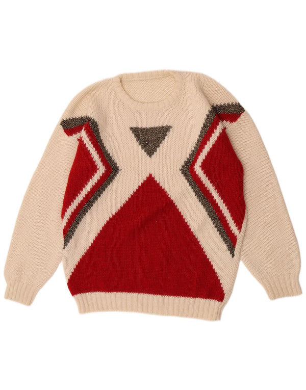 Vintage Womens Crew Neck Jumper Sweater UK 18 XL Off White Colourblock