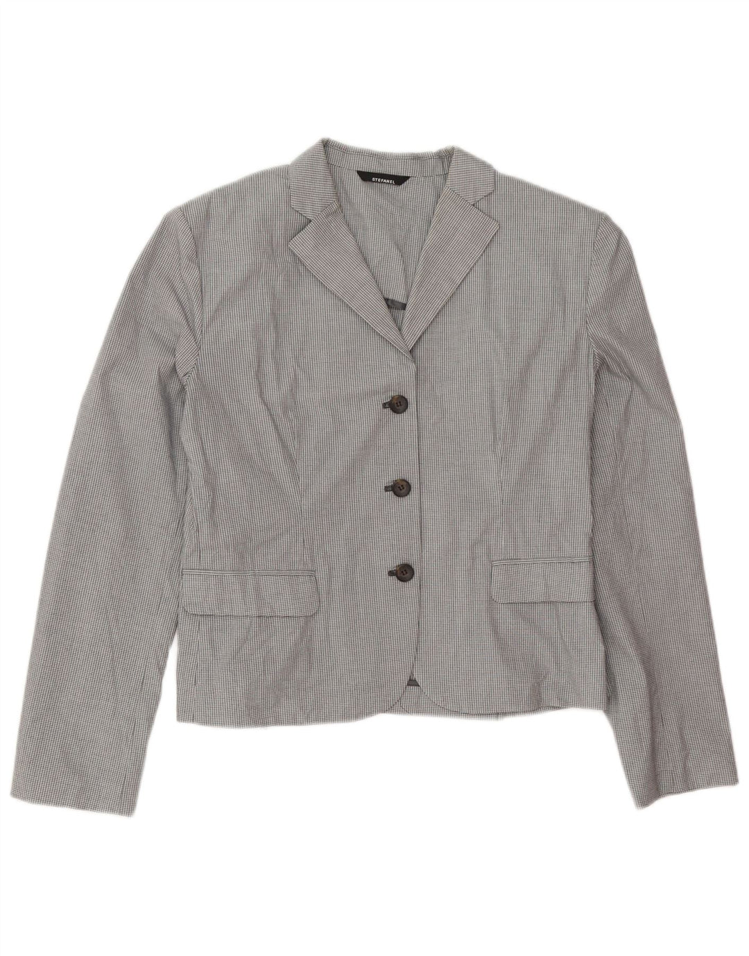 Stefanel Womens 3 Button Blazer Jacket IT 48 XL Grey Check Cotton