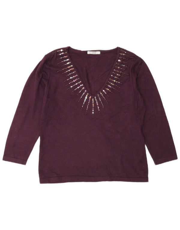 Marks & Spencer Womens V-Neck Jumper Sweater UK 16 Large Burgundy Viscose