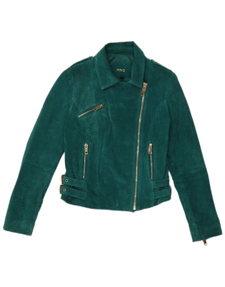 Mango Womens Crop Suede Biker Jacket UK 6 XS Green Leather