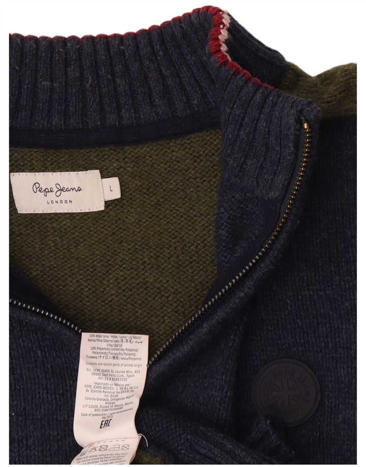 PEPE Jeans Mens Zip Neck Jumper Sweater Large Navy Blue Colourblock Wool