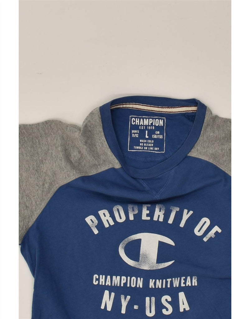 CHAMPION Boys Graphic T-Shirt Top 11-12 Years Large  Navy Blue Colourblock | Vintage Champion | Thrift | Second-Hand Champion | Used Clothing | Messina Hembry 